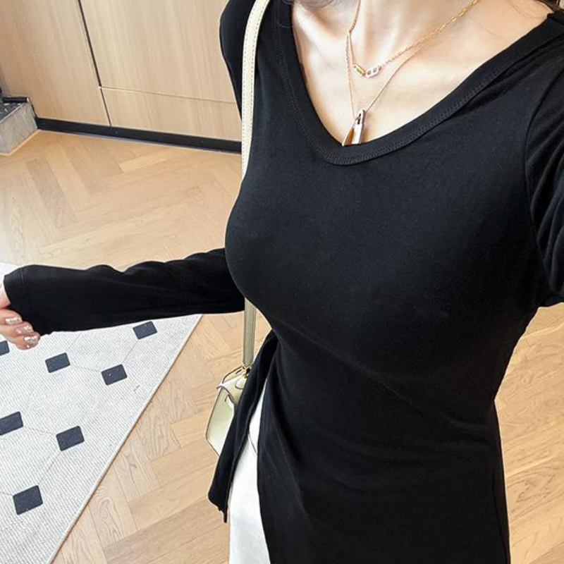 大尺碼修身長袖上衣 中長版 不規則下擺 側扭結設計 鎖骨領 顯瘦內搭