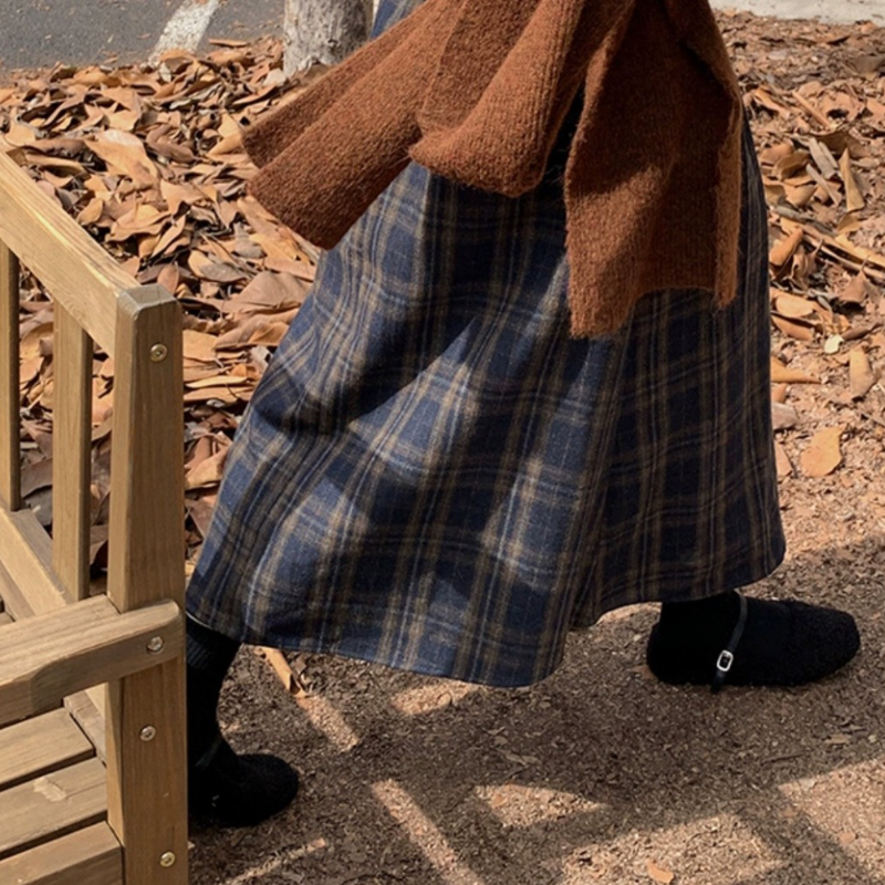 復古格紋毛呢中長裙 高腰A字傘裙 寬鬆顯瘦 修飾臀胯 秋冬百搭