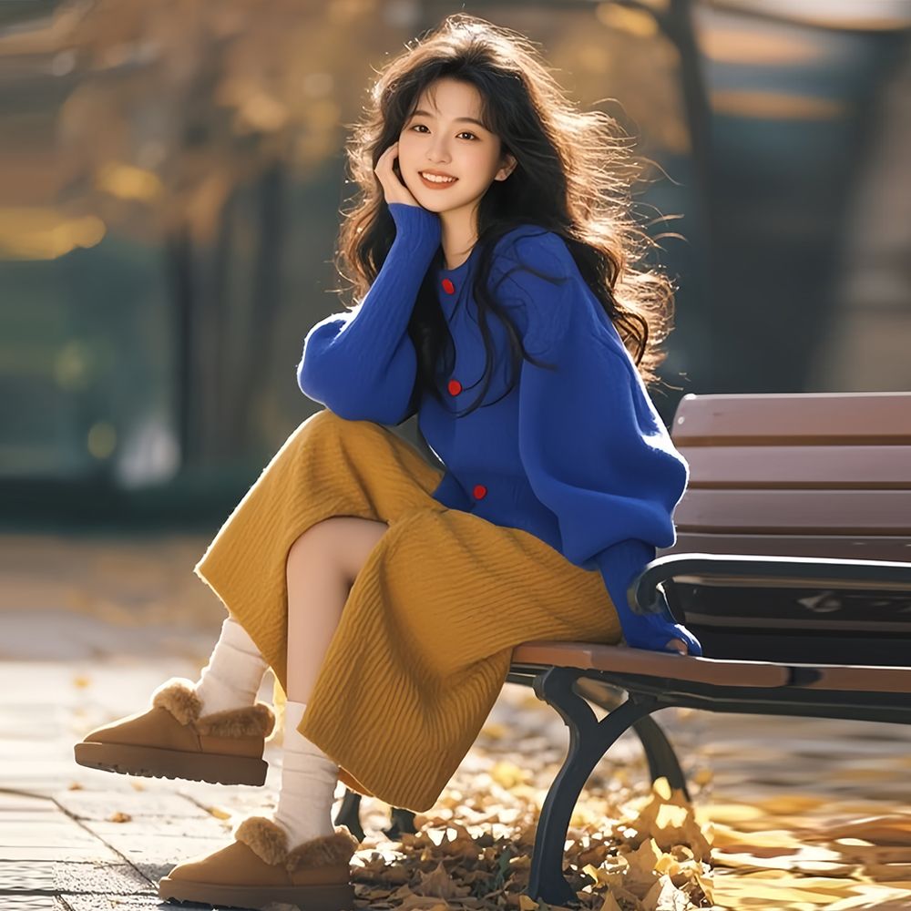 韓系溫柔穿搭 氣質高級感針織上衣+半身裙兩件套