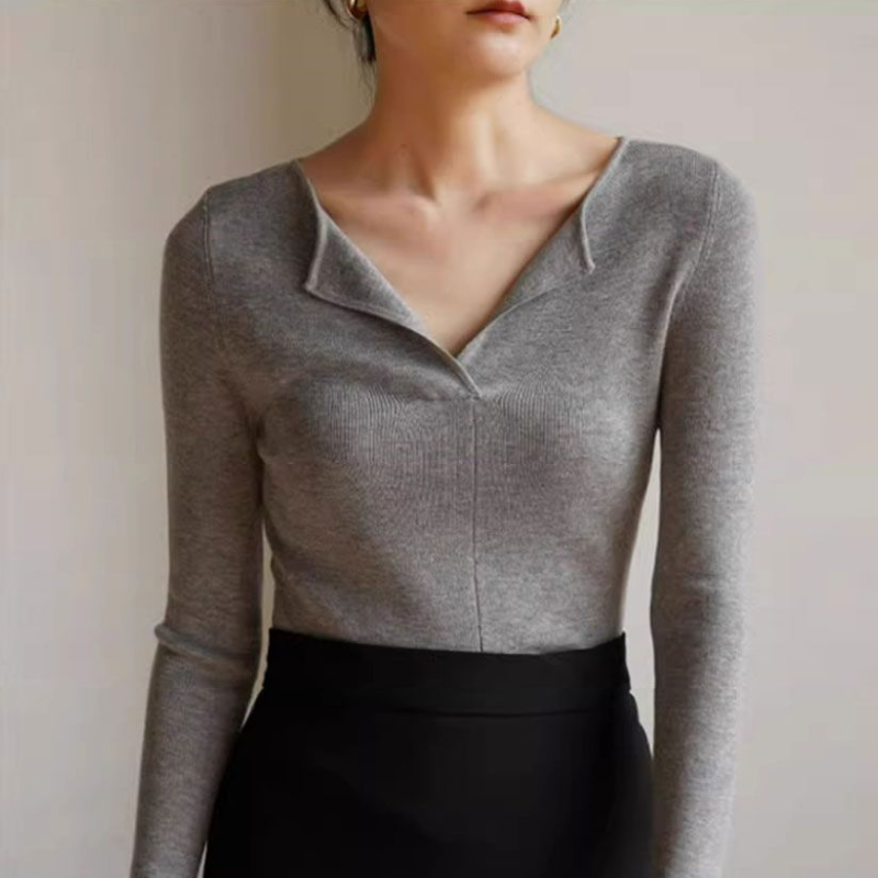 法式開領V領貼身針織上衣 秋冬長袖 羅紋彈性 內搭外穿 高級感