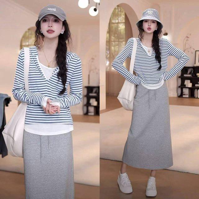 韓系休閒兩件式套裝 條紋上衣＋中長裙 成套穿搭