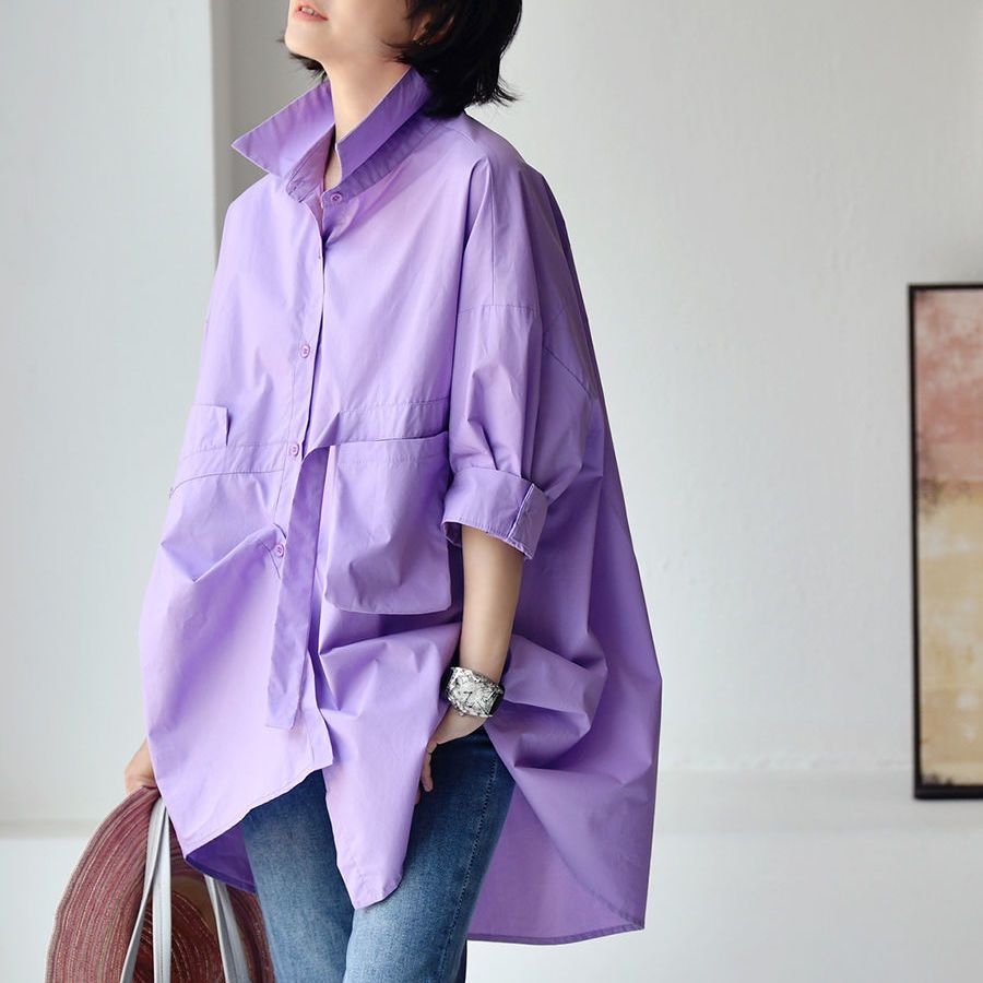 設計感長版襯衫 薰衣草紫 寬鬆顯瘦 前短後長 五分袖 大尺碼友善