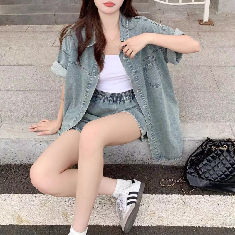 水洗彈力牛仔套裝 復古風可拆式牛仔兩件套 休閒短袖襯衫+寬鬆短褲