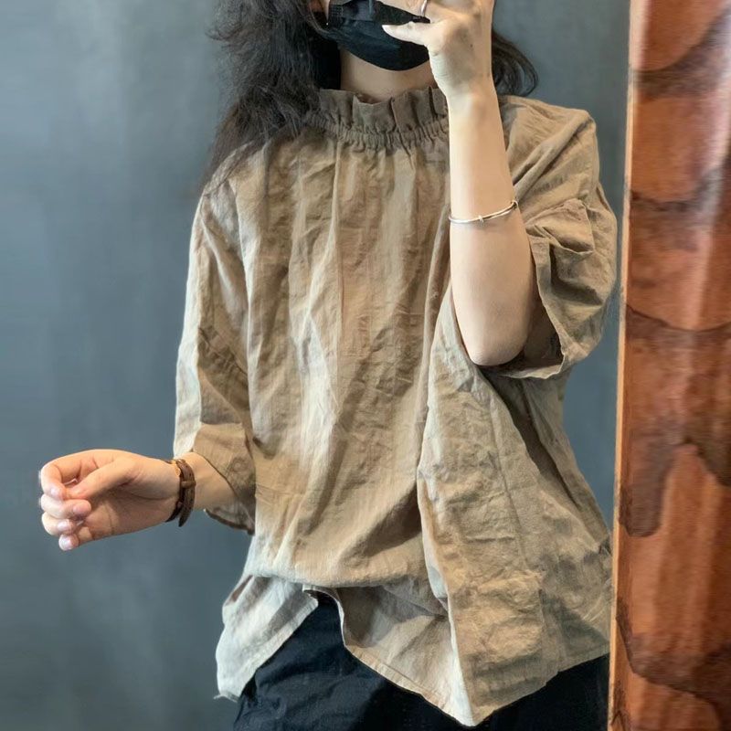 文青款​棉麻襯衫 雙面神級穿法 荷葉領文藝復古五分袖休閒上衣