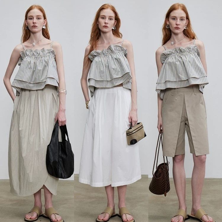 小眾度假風荷葉邊吊帶背心 不對稱開衩半身裙 棉感花苞設計 郁金香大擺中長裙