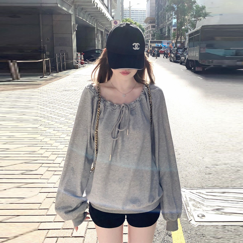 韓系綁帶斜肩寬鬆大學T 慵懶感套頭長袖上衣