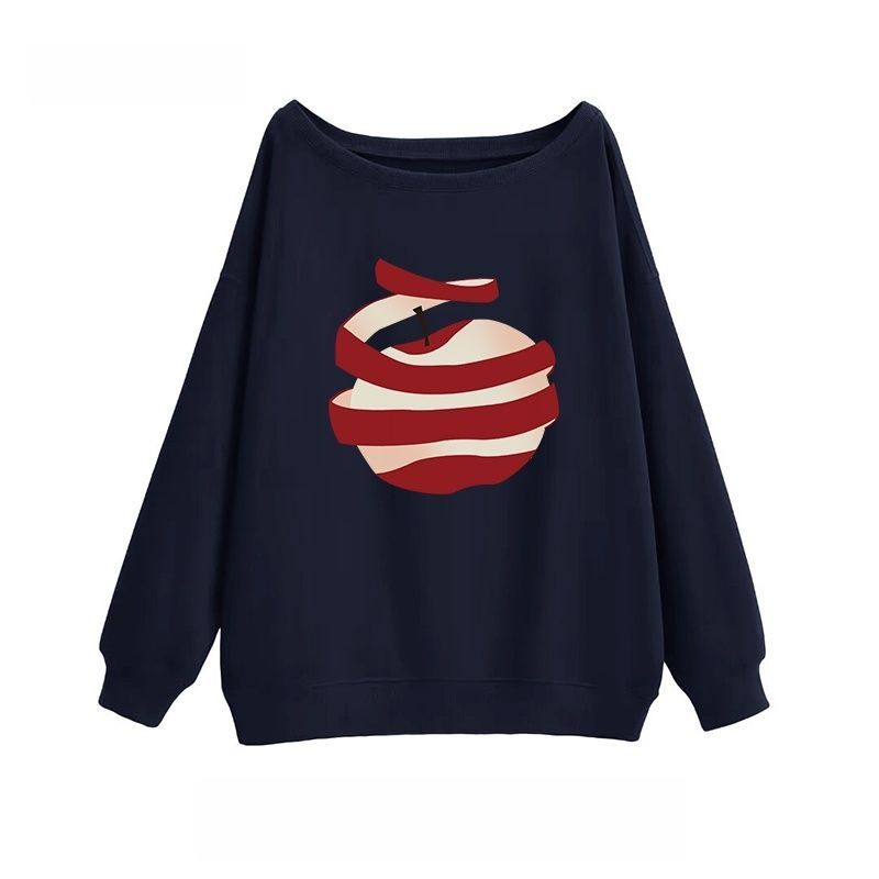 純棉斜肩假兩件長袖T恤 秋季寬鬆 設計感印花 不對稱露肩 百搭