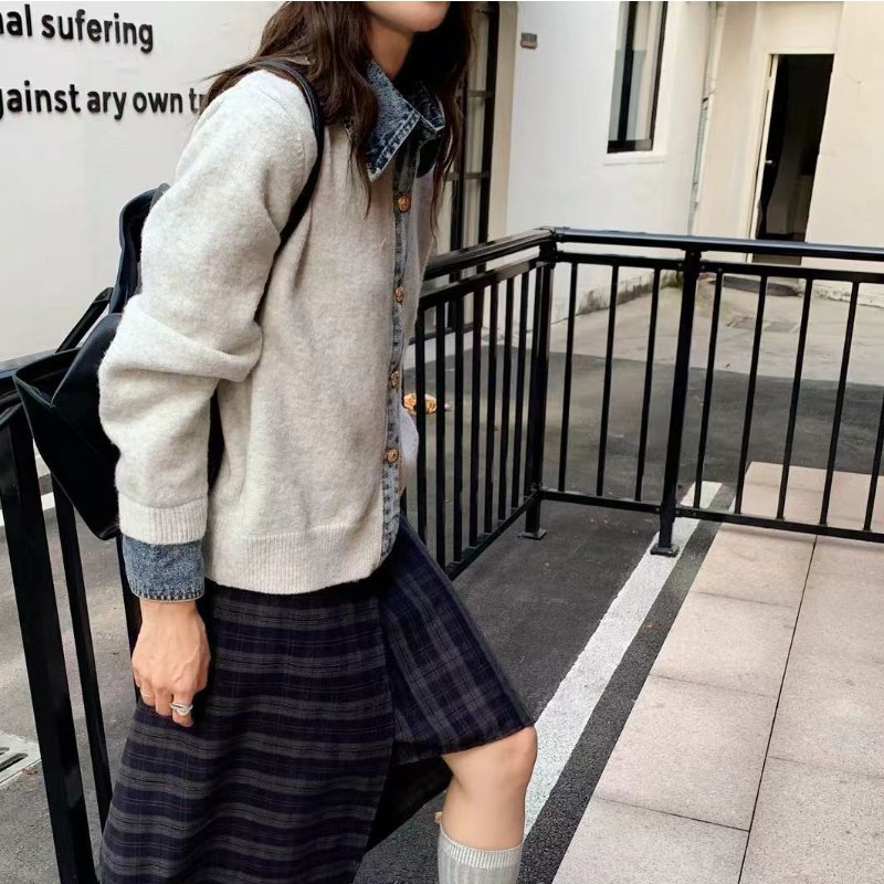 韓系牛仔拼接針織外套 厚磅質感 層次襯領設計