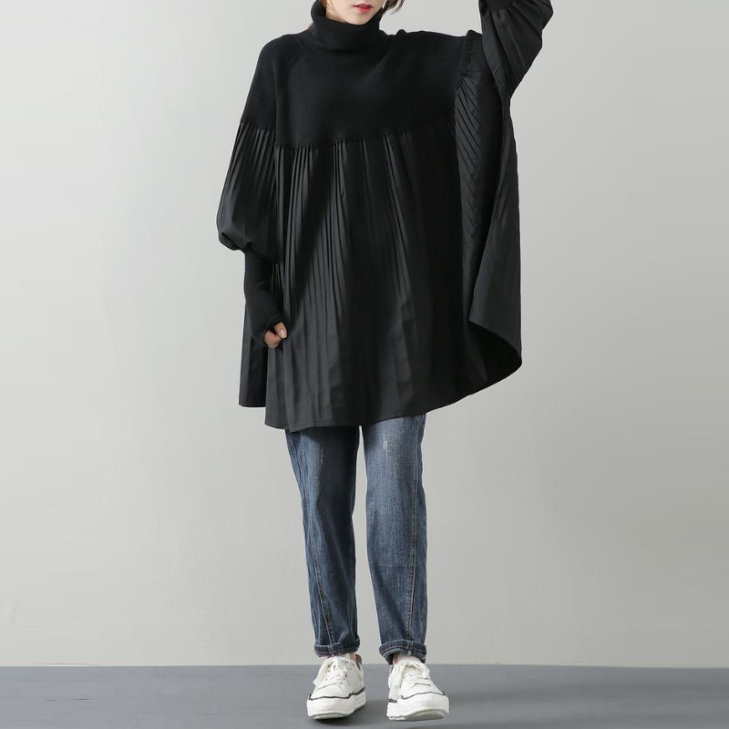 高領針織拼接百褶上衣 寬鬆剪裁 素色氣質 秋冬百搭