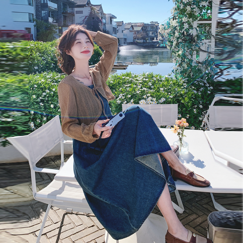 【單品可選】法式復古牛仔吊帶連身裙套裝 韓版針織罩衫+吊帶裙