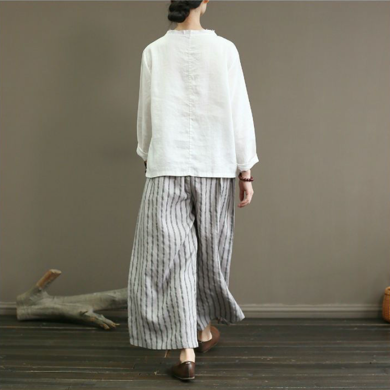 文藝棉麻鬆緊腰直條紋寬褲 6色售