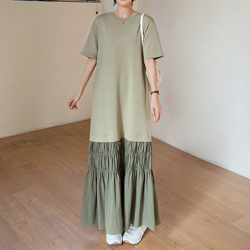 氧氣感落地傘擺洋裝 錯位拼接剪裁 冰絲罩衫藏腹棉質連身裙