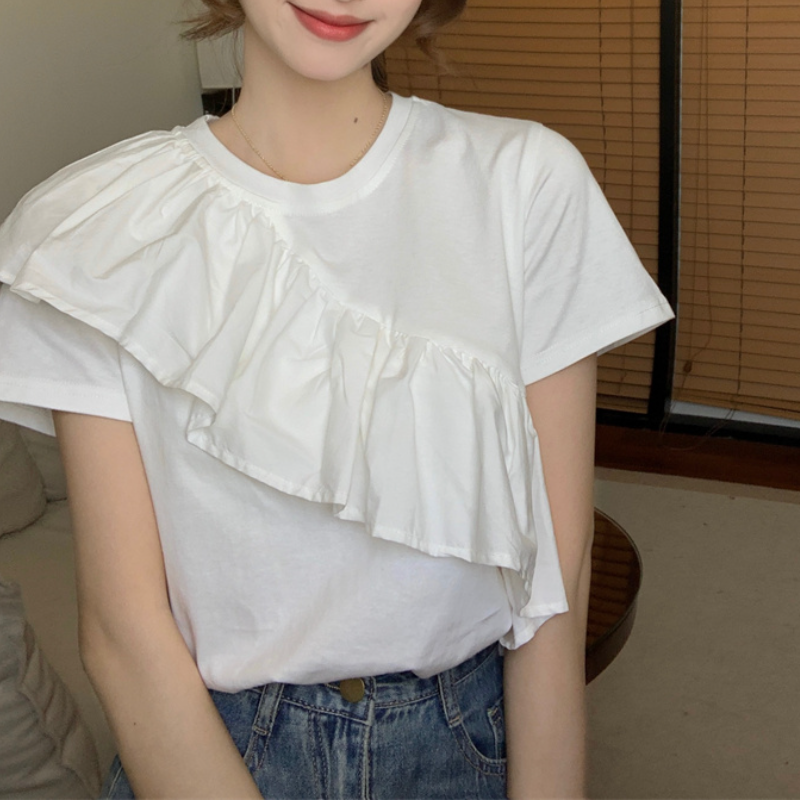 甜美荷葉邊短袖上衣 小眾顯瘦T恤設計感白色