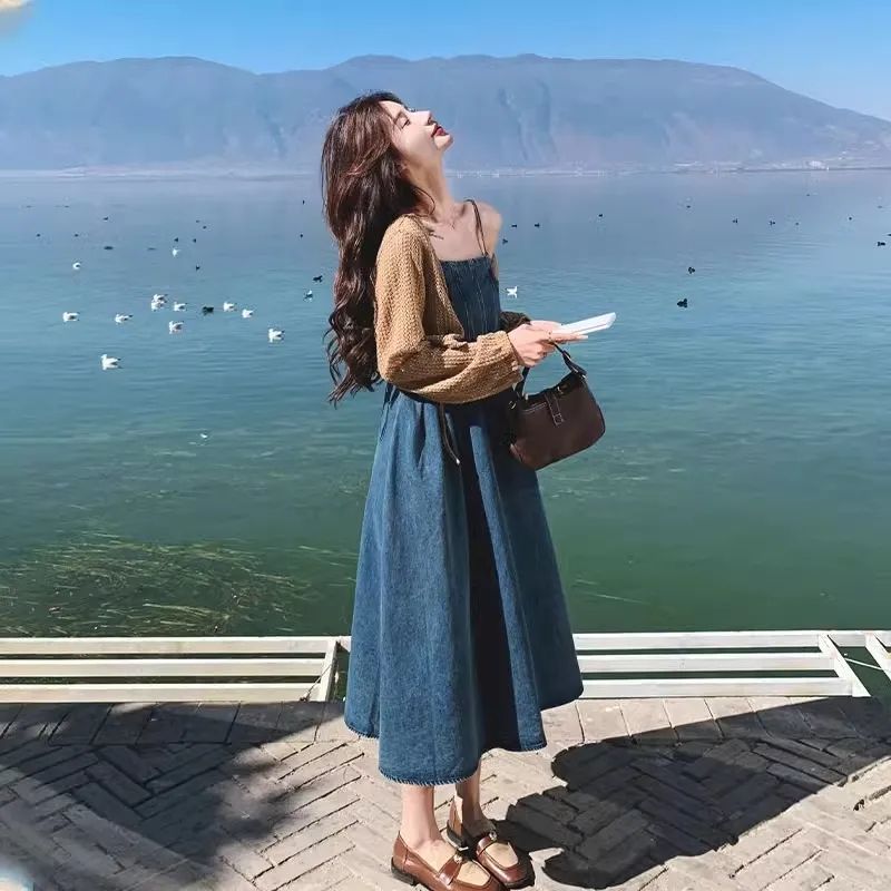 【單品可選】法式復古牛仔吊帶連身裙套裝 韓版針織罩衫+吊帶裙