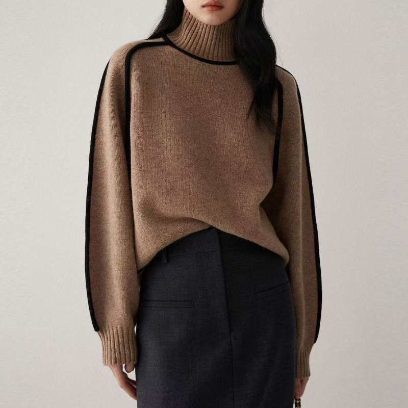 高領插肩針織毛衣 法式感燈籠袖 滾邊設計 寬鬆版型