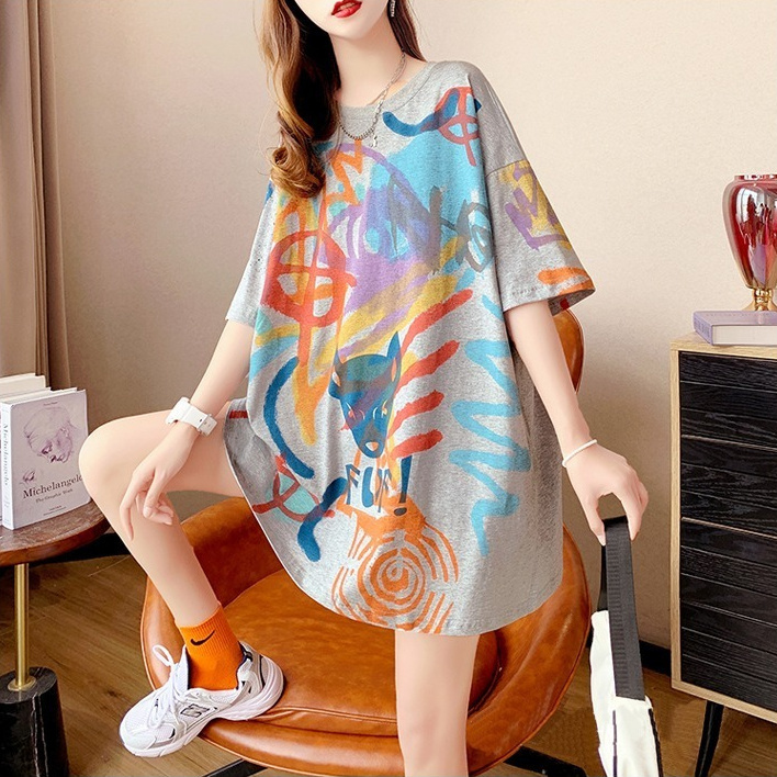 純棉短袖T恤 圓領寬鬆 透氣顯瘦 塗鴉印花設計感