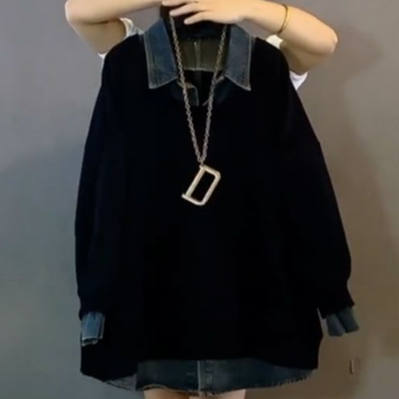 大尺碼牛仔領拼接大學T 休閒寬版POLO領上衣 遮肉顯瘦