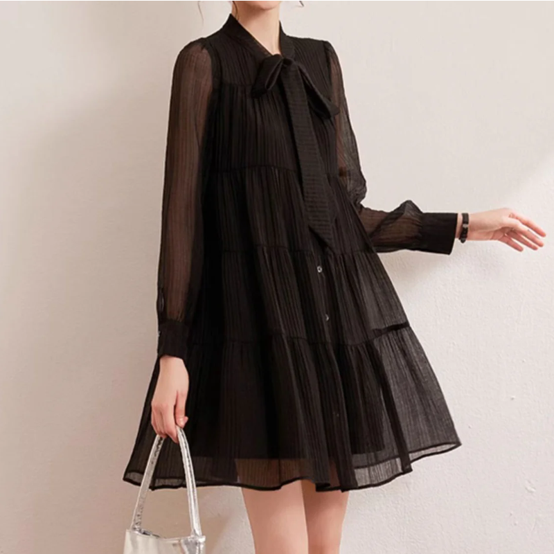 綁帶立領層次蛋糕洋裝 長袖‧輕甜氣質