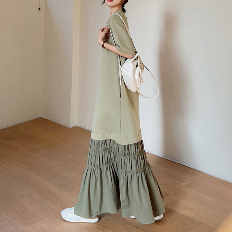 氧氣感落地傘擺洋裝 錯位拼接剪裁 冰絲罩衫藏腹棉質連身裙