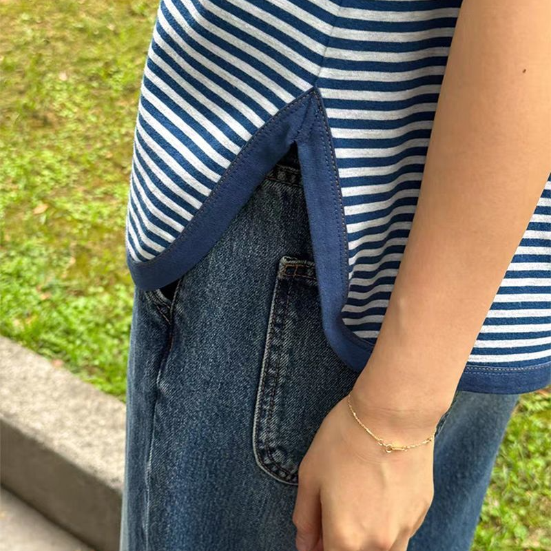 日系條紋無袖背心 圓弧下擺設計 寬鬆休閒上衣