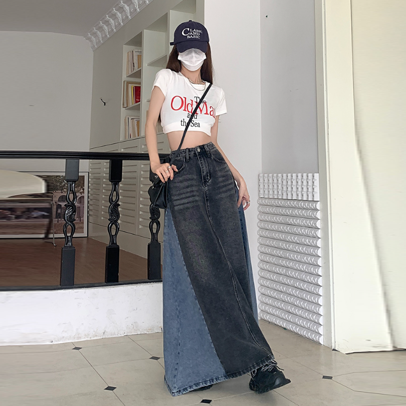 高腰牛仔長裙 小眾設計復古風 顯瘦遮肉A字長版半身裙 春秋款