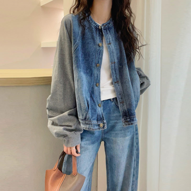 假兩件拼接牛仔外套 早秋新款 歐風時尚寬鬆外套上衣外搭