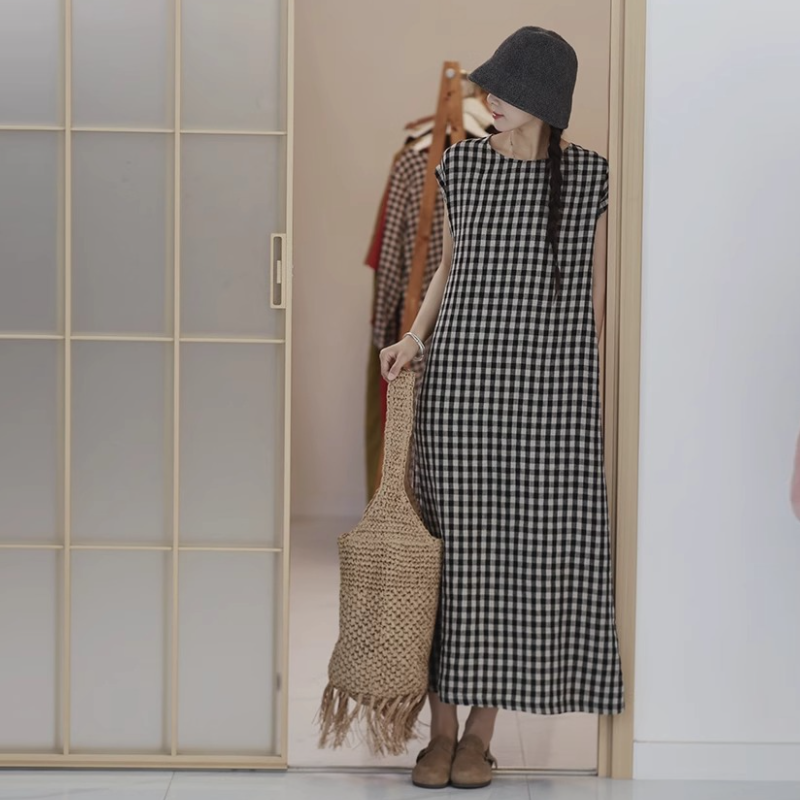 棉麻格紋無袖長洋裝 復古文青風