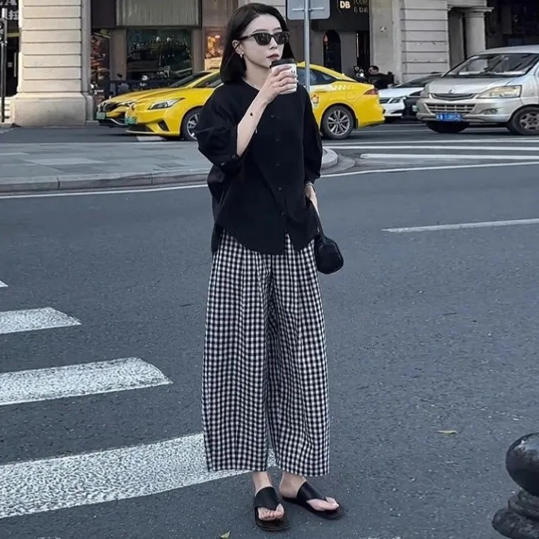 【單品可選】港風復古套裝 甜酷兩件式 文青認證襯衫+復古棋盤格寬褲