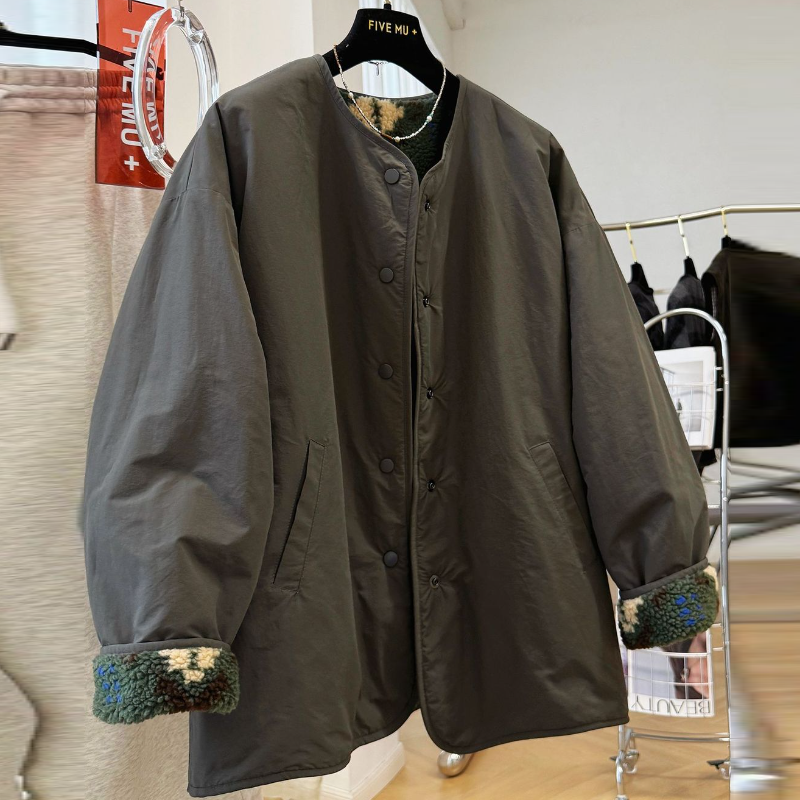 雙面穿撞色羊羔絨風外套 復古中長版 保暖設計