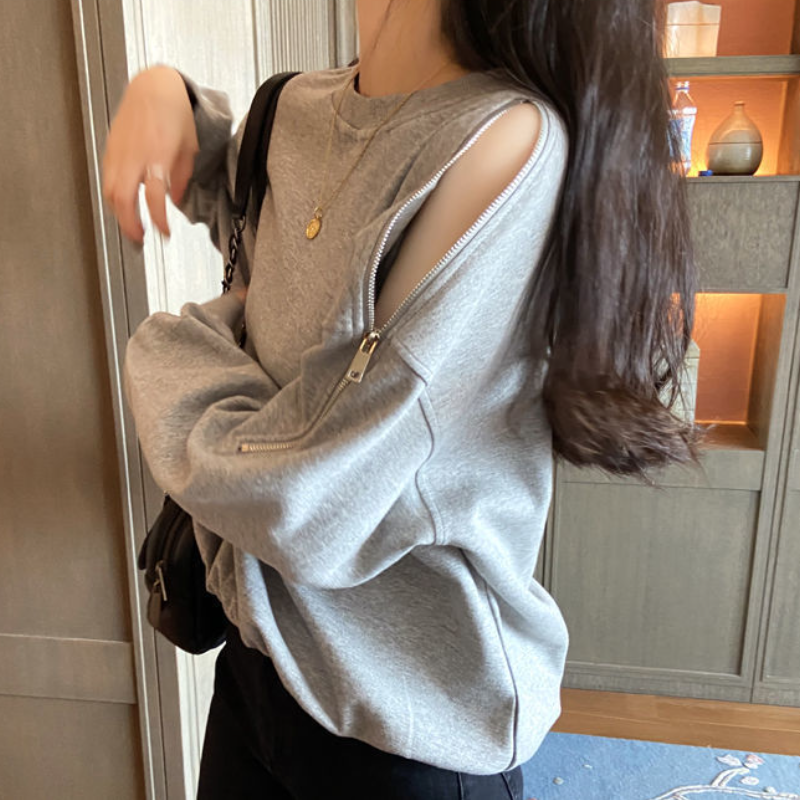 拉鍊露肩大學T 春秋新款 寬鬆顯瘦 長袖圓領