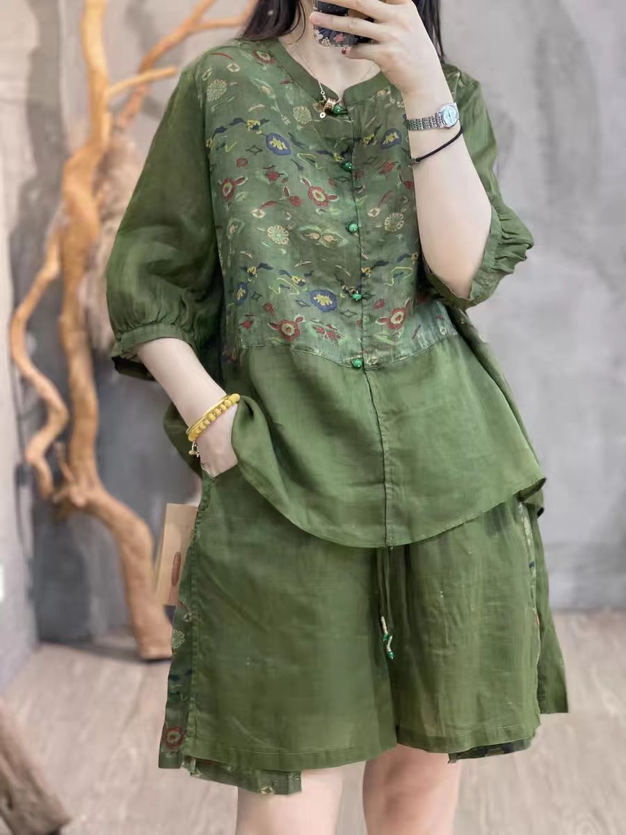 簡約 ‧ 文藝復古印花短袖上衣+短褲(兩件套) 透氣抽繩短褲套裝