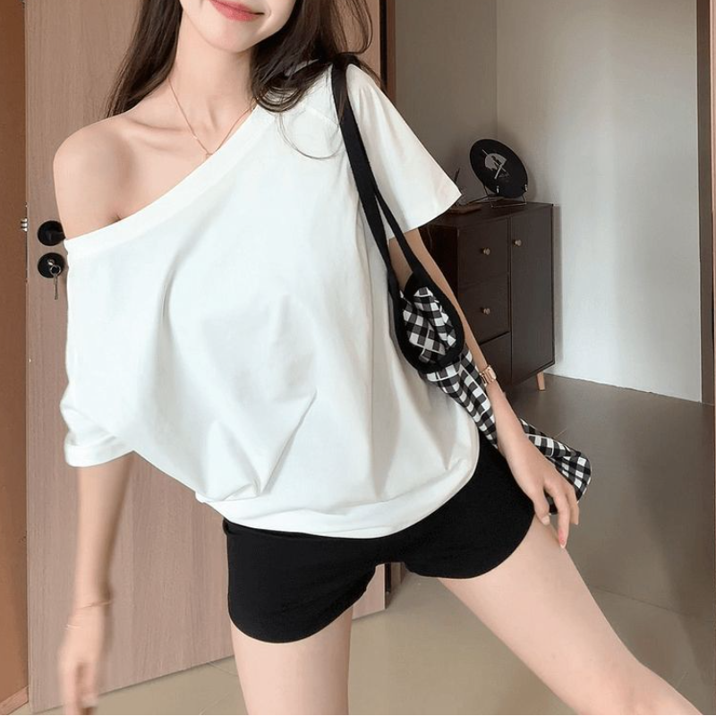 純欲韓系設計感斜肩短袖t恤 寬鬆顯瘦氣質剪裁直角肩
