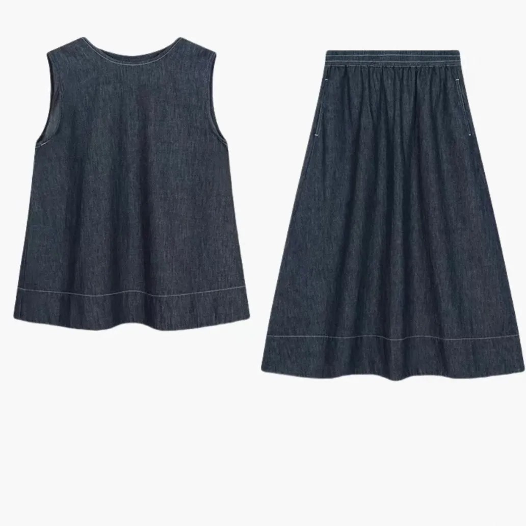 牛仔顯瘦組合 冰氧牛仔抗熱背心+高腰短褲 兩件減齡兩件套