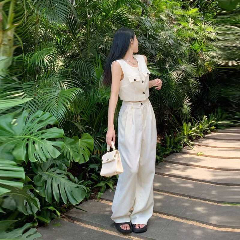 韓系兩件式套裝 無袖背心上衣＋寬褲 垂墜感 寬鬆顯瘦 外穿有型