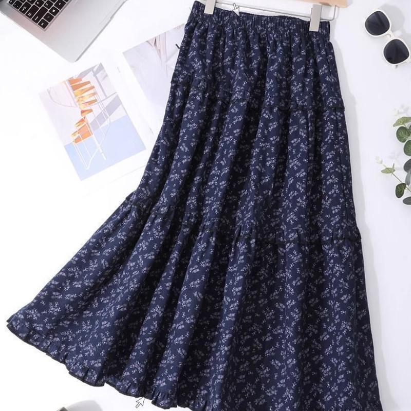 復古深藍碎花中長裙 高腰A字 層次拼接 傘裙擺 森林系