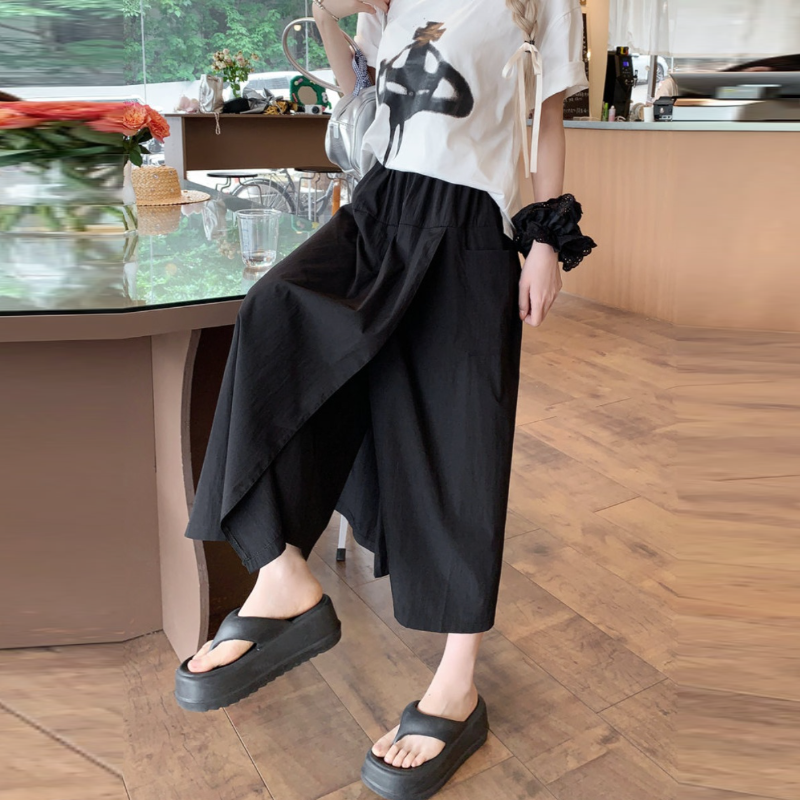 甜酷美式工裝冰絲褲裙 鬆緊腰不卡小腹 山本夏季高腰A字開叉半身裙