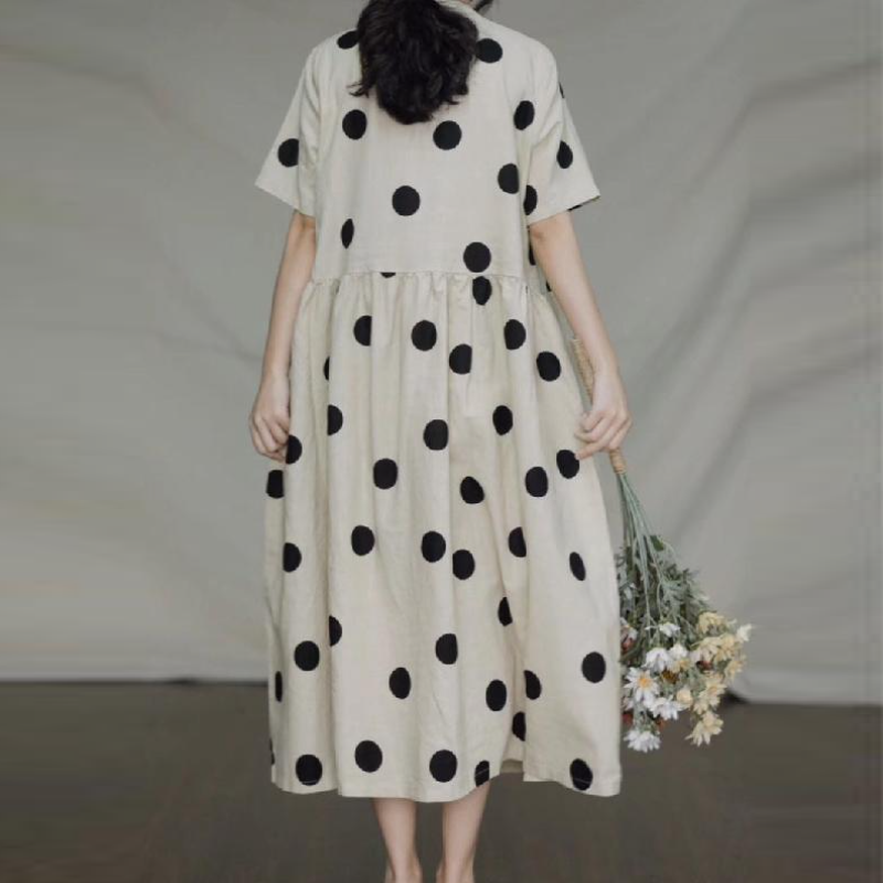 文藝復古波點棉麻長洋 大碼寬鬆棉麻連身裙 復古V領短袖棉麻長裙