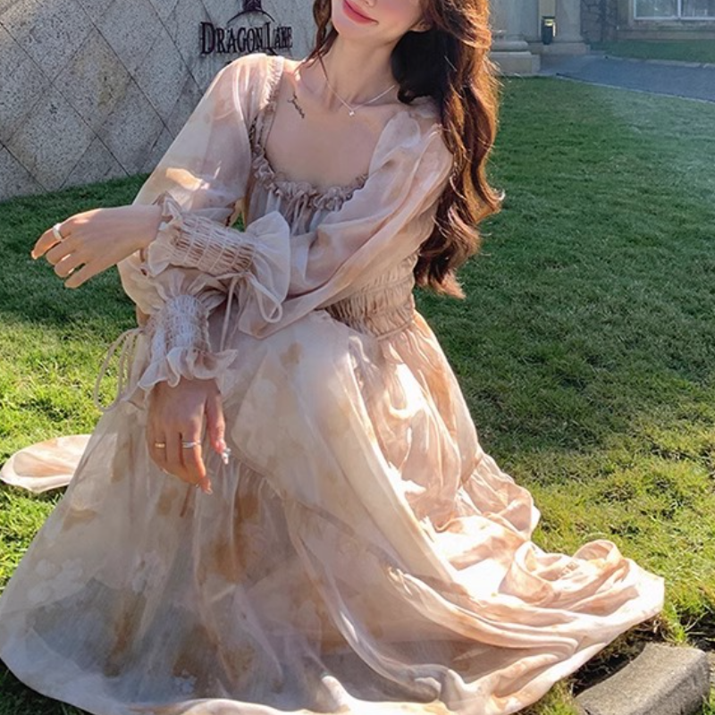 飄逸雪紡法式方領泡泡袖長洋 碎花初戀風顯瘦雪紡裙