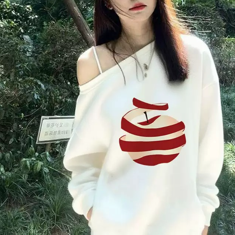 純棉斜肩假兩件長袖T恤 秋季寬鬆 設計感印花 不對稱露肩 百搭