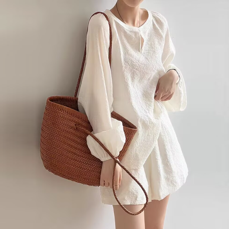 名媛風兩件套 寬鬆褶皺棉麻圓領防曬上衣＋寬褲短褲套裝