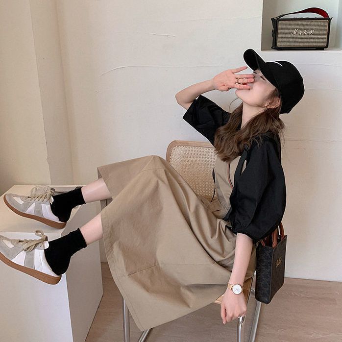 韓版寬鬆背帶裙兩件套-顯瘦收腰設計连身裙 泡泡袖花苞上衣