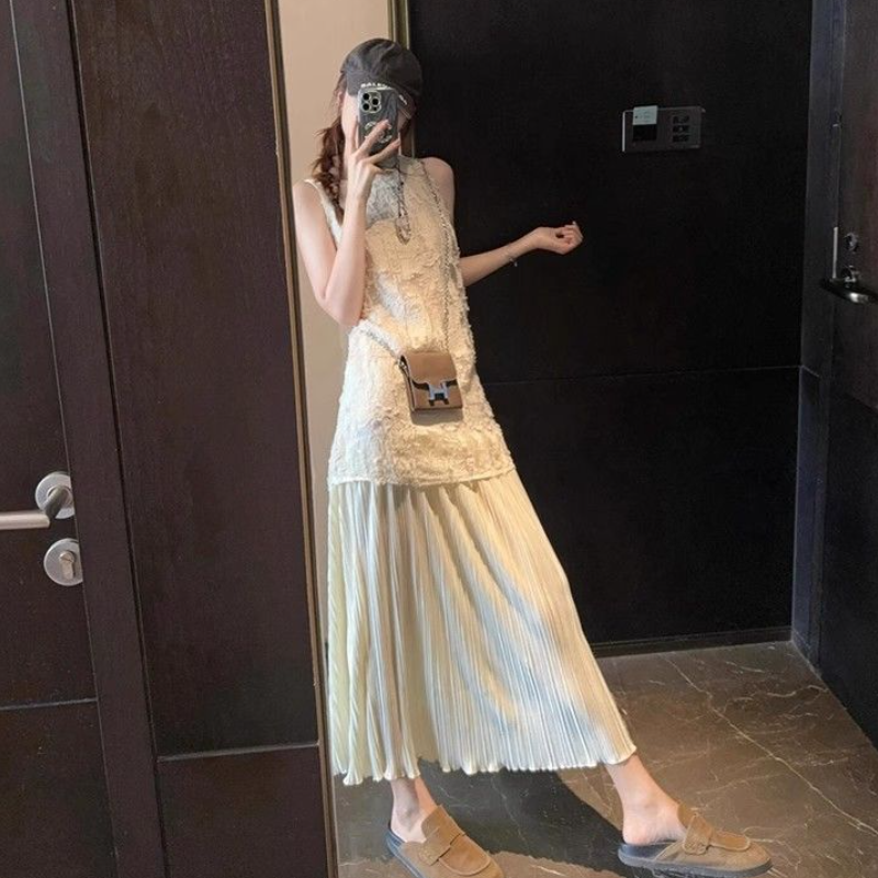 假日風層次拼接無袖洋裝 立體剪花上身 壓褶長裙 長版 氣質顯瘦