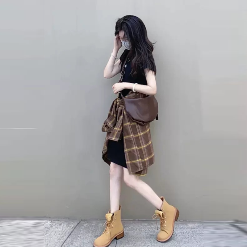 【單品可選】春夏韓版高級感顯瘦溫柔風 格紋襯衫+連身裙套裝