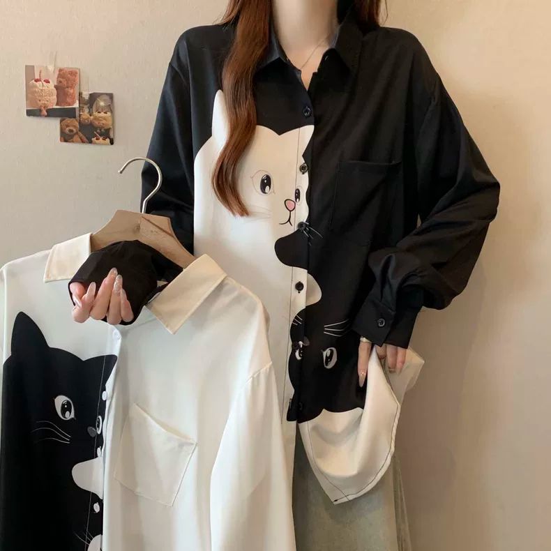 大尺碼貓咪印花襯衫 長袖寬鬆版 顯瘦遮肉（黑/白）