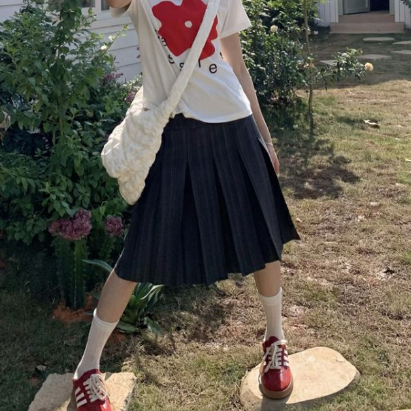 條紋百褶A字裙 高腰顯瘦 中長裙 韓系百搭