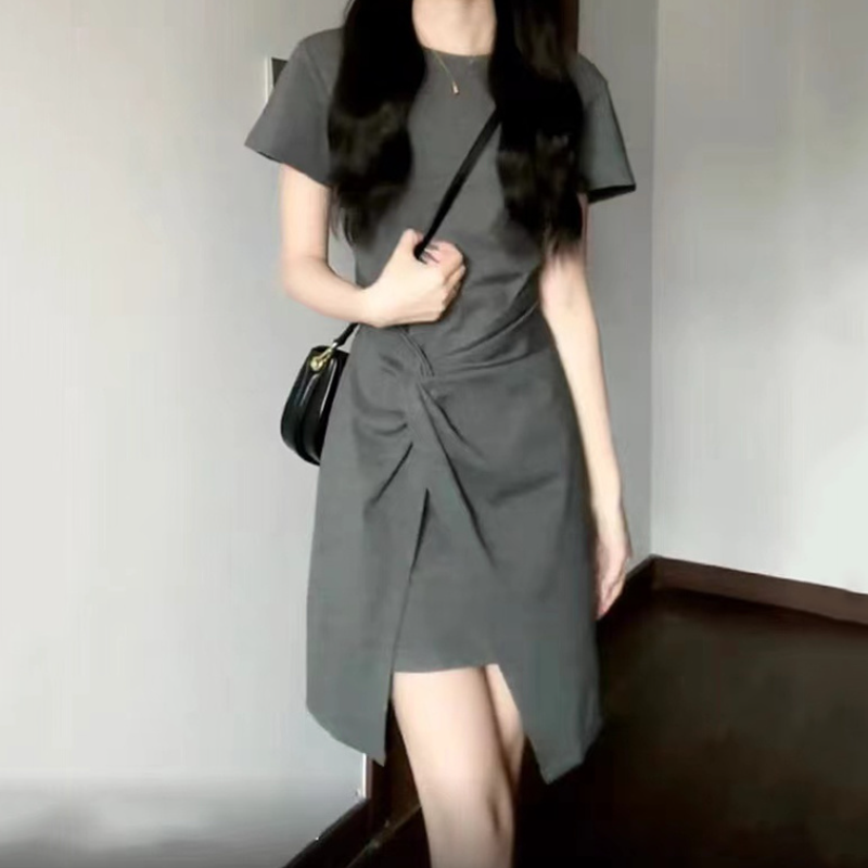法式氣質收腰短袖連身裙 小眾設計圓領短裙