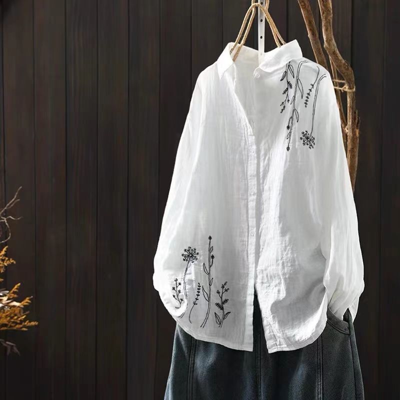 多層次外罩襯衫 微光澤棉麻刺繡上衣 熟齡顯瘦藏肉神器 獨家版型 抗皺透氣閨蜜親子裝穿搭