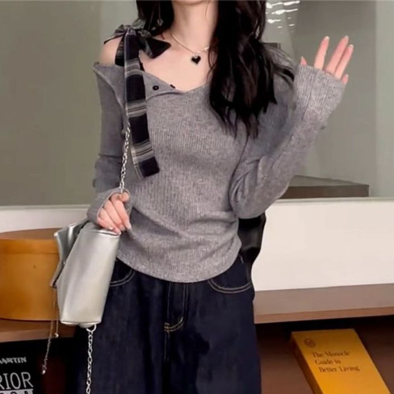 溫柔法式綁帶 斜肩一字領修身針織上衣 早秋顯瘦長袖內搭T恤