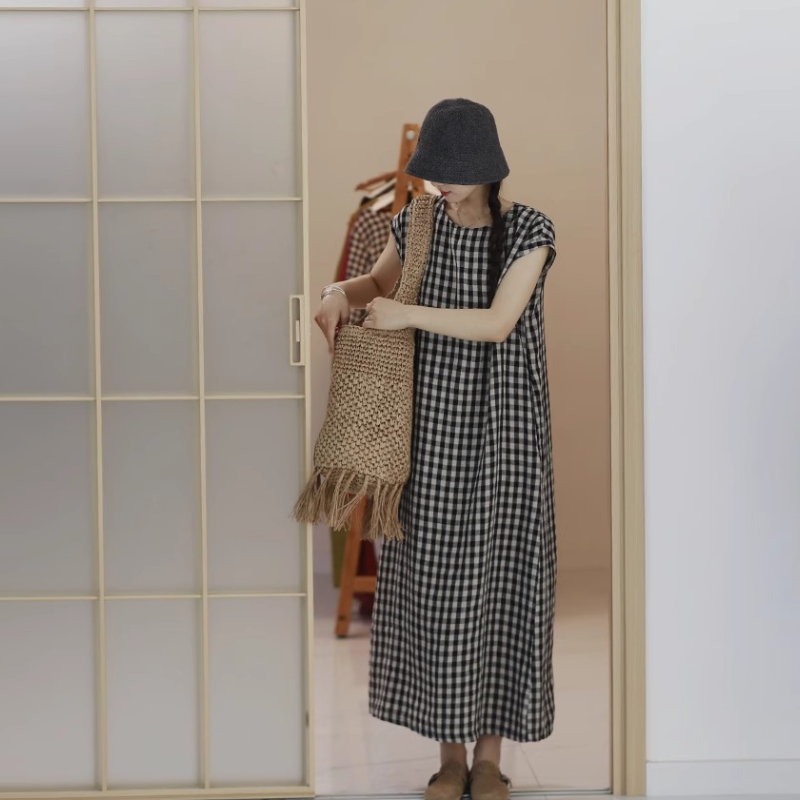棉麻格紋無袖長洋裝 復古文青風