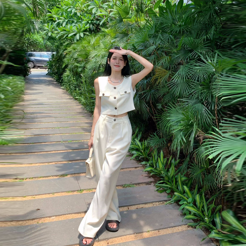 韓系兩件式套裝 無袖背心上衣＋寬褲 垂墜感 寬鬆顯瘦 外穿有型